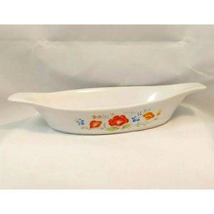 Vtg Stoneware Casserole Dish Ovenproof Japan Orange and Blue Flowers w/handles